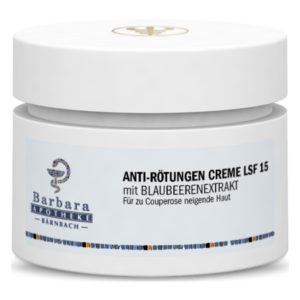 Weiße Cremedose mit Deckel, beschriftet mit 'Anti-Rötungen Creme LSF 15' und 'mit Blaubeerextrakt'.