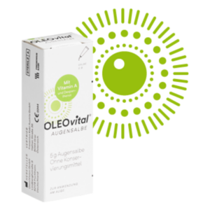 Verpackung einer Augenlinse in einer weißen Box mit der Aufschrift "OLEOvital Augencreme", grünem Dekor und Hinweis auf Vitamin A.