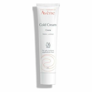 Eine Tube Avène Cold Cream, die für sehr trockene und empfindliche Haut formuliert ist, mit dem Hinweis auf Pflege und Schutz.