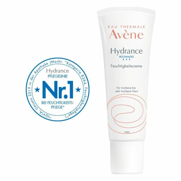 Tube mit Avène Hydrance Feuchtigkeitscreme für trockene Haut; enthaltenes Siegel für Nr. 1 bei Feuchtigkeitspflege.