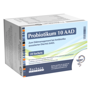 Verpackung von Probiotikum 10 AAD in einer Box mit 28 Sachets, zur Unterstützung bei antibiotikabedingter Diarrhö.