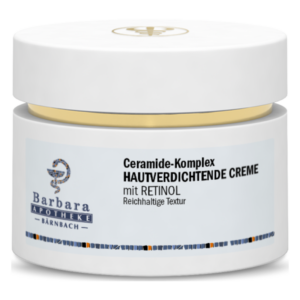 Tiegel mit hautverdichtender Creme aus Ceramide-Komplex und Retinol, reichhaltige Textur, elegantes Design.