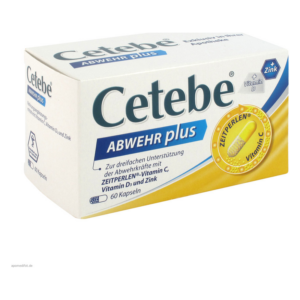 Verpackung von Cetebe ABWEHR plus, die 60 Kapseln zur Unterstützung der Abwehrkräfte mit Vitaminen enthält.