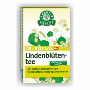 Verpackung von Dr. Kottas Lindenblütentee mit floralem Design und Gebrauchshinweisen zur Anwendung bei Erkältungssymptomen.