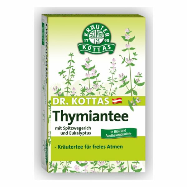 Verpackung von Dr. Kottas Thymiantee mit Kräutermotiven, inklusive Spitzwegerich und Eukalyptus.