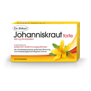 Verpackung von Dr. Böhm Johanniskraut forte mit 600 mg Filmtabletten zur Behandlung seelischer Verstimmungszustände.