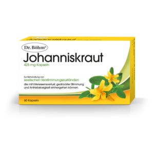 Verpackung von Dr. Böhm Johanniskraut Kapseln mit gelben Blüten und grünen Blättern, zur Unterstützung der seelischen Gesundheit.