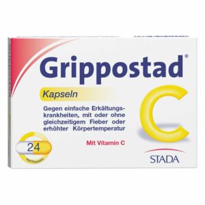 Verpackung von Grippostad C Kapseln, rezeptfreies Medikament gegen Erkältungen mit Vitamin C.