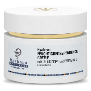 Hyaluron feuchtigkeitsspendende Creme in einem weißen Tiegel mit goldenen Elementen und dekorativem Etikett.