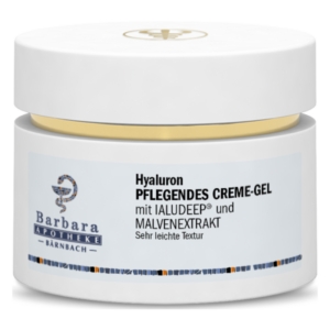 Ein runder, weißer Cremetiegel mit goldfarbenem Deckel, Inhalt ist Hyaluron Pflegecreme-Gel.