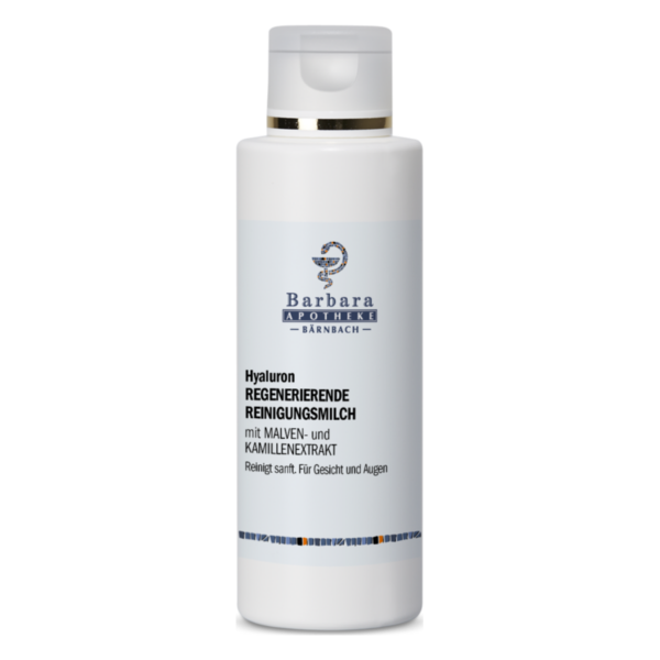 Flasche mit regenerierender Reinigungsmilch, enthält Hyaluron, Malven- und Kamillenextrakt, designed für Gesicht und Augen.