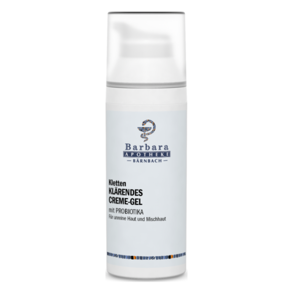 Klarendes Creme-Gel von Barbara Apotheke in weißer Verpackung mit Pumpverschluss, für unreine Haut und Mischhaut.