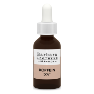 Braune Glasflasche mit Pipette, etikettiert mit 'Koffein 5%' von Barbara Apotheke.