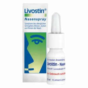 Livostin Nasenspray in einer weißen Flasche mit Tropfverschluss, verpackt in einer blauen und weißen Schachtel.