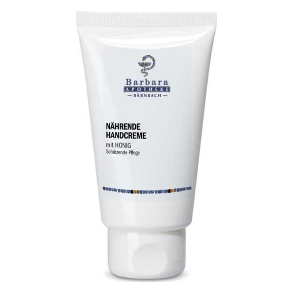 Tube mit nährender Handcreme mit Honig, in schlanker Form, schützende Pflege, deutliches Etikett.