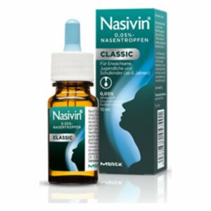 Nasensprayflasche mit Tropfverschluss und Verpackung im Hintergrund, zeigt eine stilisierte Silhouette.