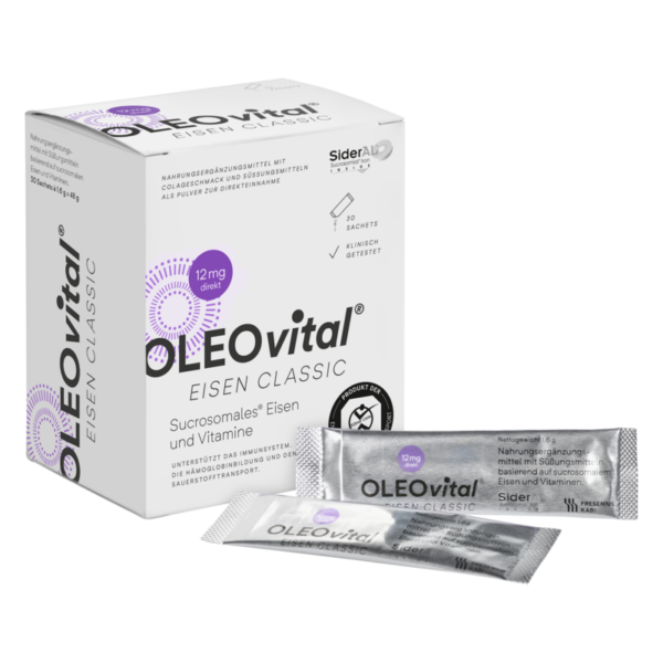 Verpackung von OLEOvital EISEN CLASSIC mit 30 Sachets für Nahrungsergänzungsmittel mit Eisen und Vitaminen.