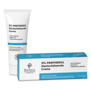 Tube und Verpackung einer 5% Panthenol Hautschutzcreme für After Tattoo-Pflege, mit Inhaltsstoffen und Anwendungshinweisen.