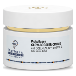 Weißes Cremeglas mit goldener Schraubkappe, beschriftet mit "Prokollagen Glow-Booster Creme" und Inhaltsstoffen.