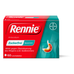 Verpackung von Rennie Antacida in rotem Design mit der Aufschrift "Zuckerfrei Spearmint" und Bildern vom Magen.