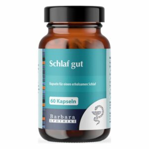 Braunes Glasgefäß mit schwarzem Deckel und grün-blauem Etikett, enthält Kapseln für erholsamen Schlaf.