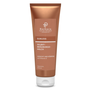 Tube mit Selbstbräunungsmilch für Gesicht und Körper, enthält Vitamin E, braune Verpackung, Marke Barbara Apotheke.