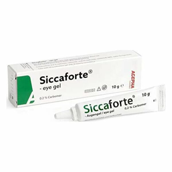 Tube mit augenbefeuchtendem Gel Siccaforte, verpackt in einer weißen Schachtel, 10 g Inhalt, 0,2 % Carbomer.