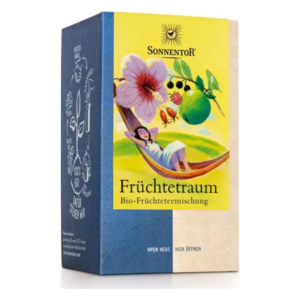 Verpackung der Bio-Früchteteemischung "Früchtetraum" mit farbenfrohem Design und einer schlafenden Frau in einer Hängematte.