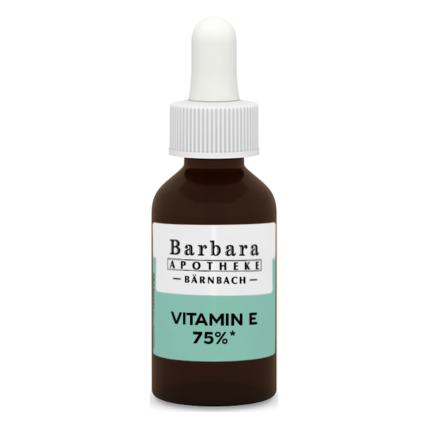 Braune Glasflasche mit Pipette, etikettiert mit "Vitamin E 75%" von Barbara Apotheke Bärnbach.