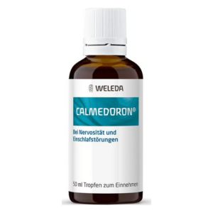 Braune Flasche mit weißem Deckel und Etikett, das CALMEDORON von WELEDA zeigt, für Nervosität und Einschlafstörungen.