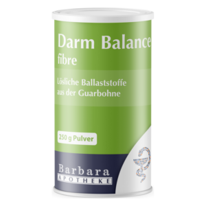 Grüne Dose mit löslichen Ballaststoffen aus der Guarbohne, beschriftet mit "Darm Balance fibre" und "250 g Pulver".
