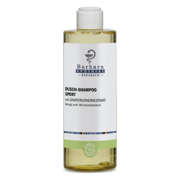 Flasche Dusch-Shampoo Sport mit Grapefruitkernextrakt, zeigt klare Flüssigkeit und etikettierte Verpackung