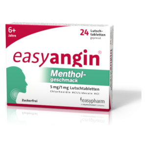 Verpackung von easyangin Menthol-Lutschtabletten mit 24 gepressten Tabletten, zuckerfrei, für Erwachsene und Kinder ab 6 Jahren.
