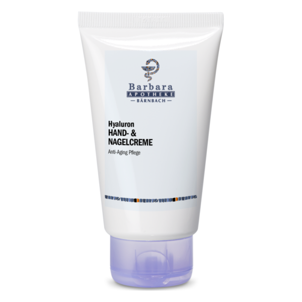 Tube mit Hyaluron Hand- und Nagelcreme, Anti-Aging Pflege, mit klarer Beschriftung und lila Kappe.