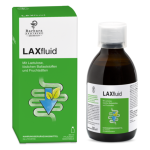 Glasflasche mit LAXfluid, einem Nahrungsergänzungsmittel mit Lactulose, in einer grünen Verpackung mit grafischen Elementen.