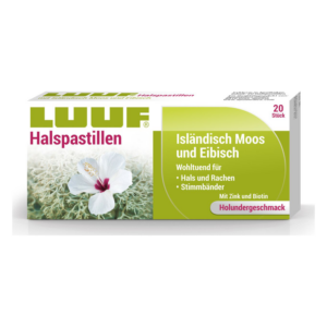 Verpackung von LUUF Halspastillen mit Abbildung einer Blume, Hinweis auf Holunder-Geschmack und Inhaltsstoffe.