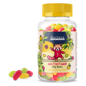 Flasche mit bunten Multivitamin-Jelly Beans für Kinder, mit cartoonhaftem Tiermotiv und grüner Umrandung.
