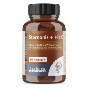 Braune Kunststoffflasche mit Kapseln, Aufschrift über Pflanzenkraft und Vitamin C zur Immununterstützung, 60 Kapseln.