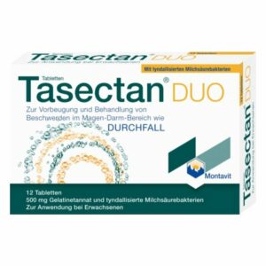 Packung Tasectan DUO zur Behandlung von Magen-Darm-Beschwerden, enthält 12 Tabletten mit Milchsäurebakterien.