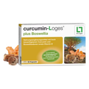Verpackung von curcumin-Loges plus Boswellia mit Kapseln und Abbildung von Curcuma und Boswellia.