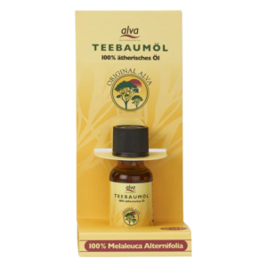 Flasche mit Teebaumöl in einer gelben Verpackung, mit schwarzem Deckel und Informationen zur Nutzung.