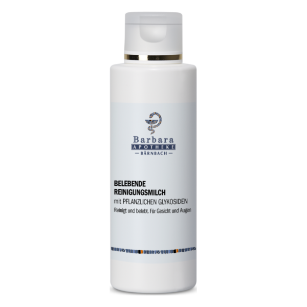 Flasche mit belebender Reinigungsmilch von Barbara Apotheke, für Gesicht und Augen, mit pflanzlichen Glykosiden.
