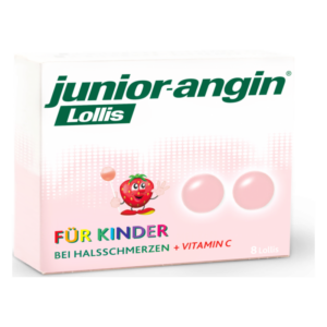 Packung mit junior-anging Lollis für Kinder bei Halsschmerzen, mit einem fröhlichen Erdbeer-Maskottchen und Vitamine C