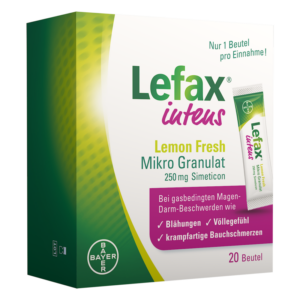 Packung von Lefax intens Lemon Fresh Mikro Granulat mit einem Sichtfenster und einem Beutel auf der Vorderseite.