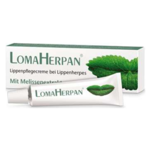 LomaHerpan Lippenpflegcreme für Lippenherpes, mit einer Verpackung und einer Tube, die Melissenextrakt enthält.