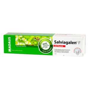 Verpackung der Zahnpasta Salviagalen F mit Fluorid, grüne Box mit floralen Motiven und Logo