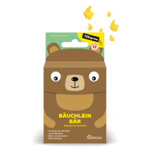 Verpackung eines Kräutertee-Extrakts namens "Bäuchlein Bär" mit einem bärähnlichen Design und Schmetterlingen.