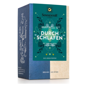Verpackung des Bio Kräutertees "Durch Schlafen" mit Hopfen, Apfel und Basilikum, in türkis und beige gehalten.