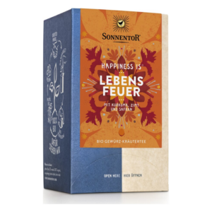 Packung für Bio Gewürz-Kräutertee "Lebens Feuer" mit Kurkuma, Zimt und Safran im dekorativen Design.