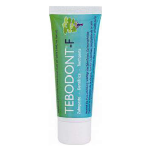 Tebodont-F Zahnpasta in einer grünen und weißen Tube mit einem Schraubverschluss.
